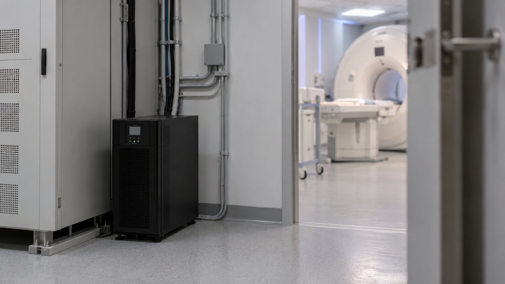 Online UPS protecting diagnostic equipment in a hospital