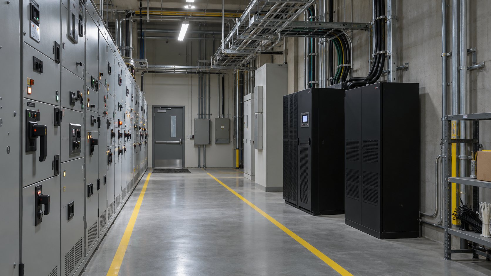 Industrial UPS cabinet installed beside control panels on a factory floor