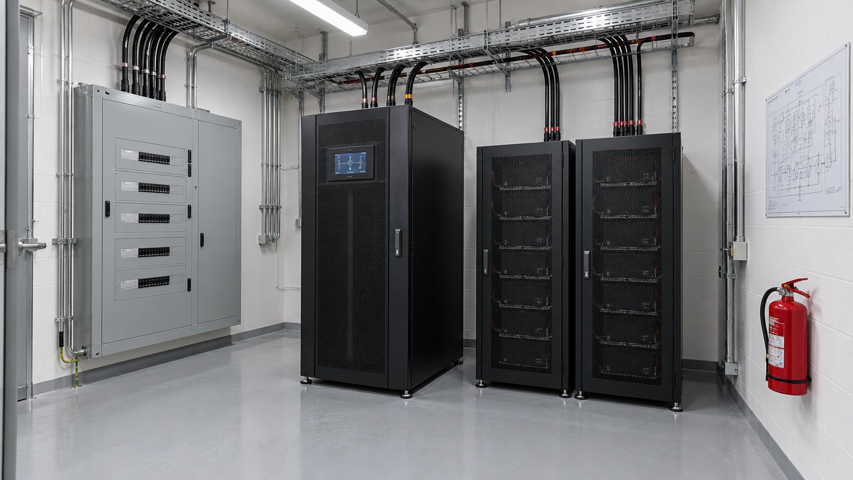 Three-phase UPS installation in an equipment room for a transport facility
