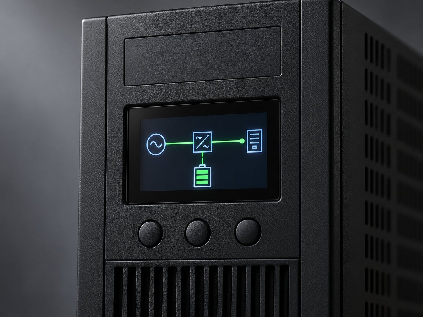 Front panel of a black tower online UPS with a blank logo area above the display