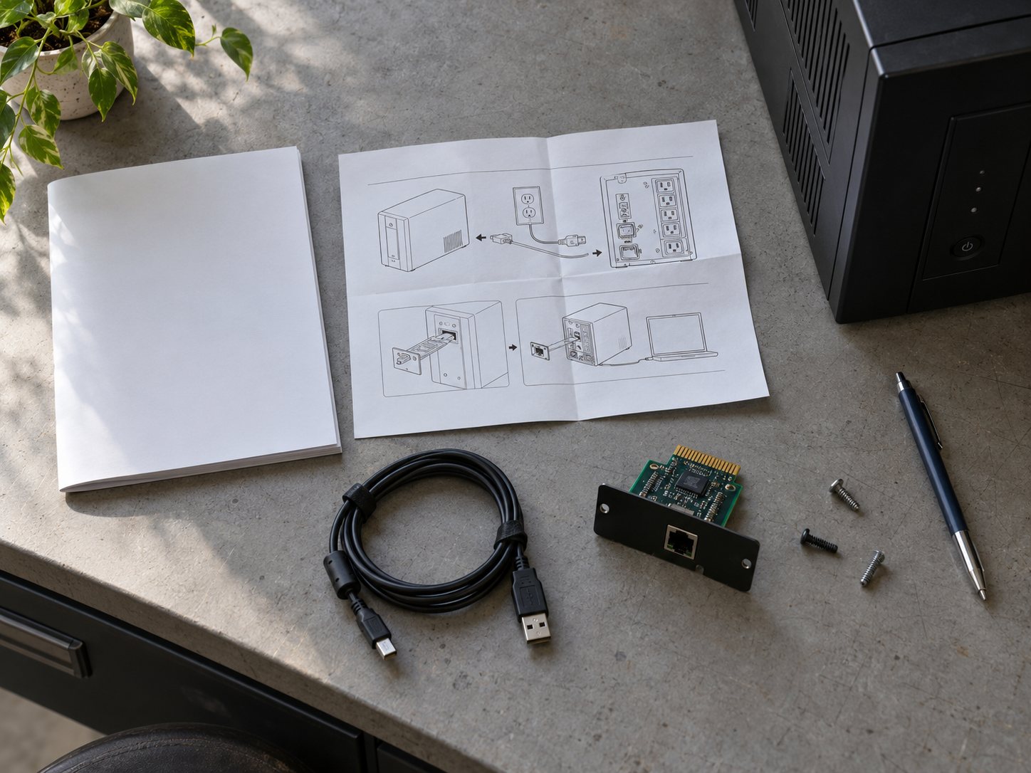 Plain user manual, quick-start sheet and communication card on a workbench