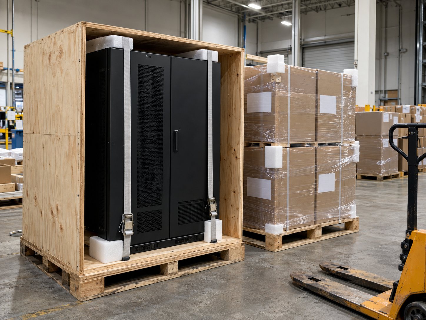 UPS cabinet on a pallet in an export crate beside plain cartons