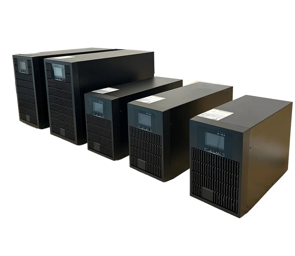 Row of single-phase online UPS towers ready for private label branding